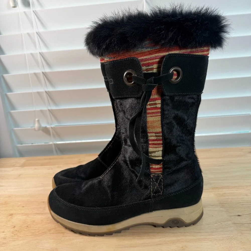 Tecnica Winter Snow Boots Women's Black Fur Trim Striped Side Zip Outdoor - 8.5
